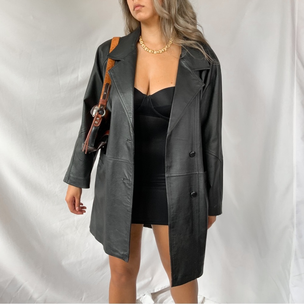 Black vintage leather coat jacket